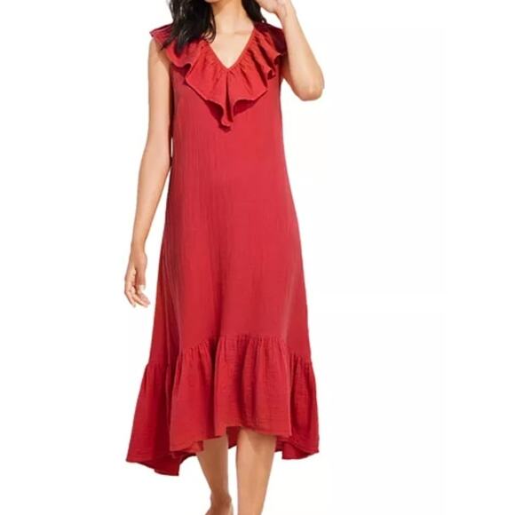 Vineyard Vines Red Ruffle Trim Double Gauze Midi Dress - Picture 1 of 6